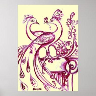 PEACOCKS IN LOVE, Red and Cream Poster