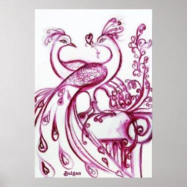 PEACOCKS IN LOVE, Red and White Poster