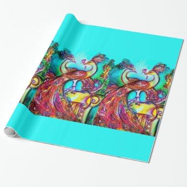PEACOCKS IN LOVE ,red aqua blue green Wrapping Paper