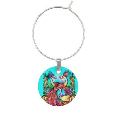 PEACOCKS IN LOVE Red Aqua Blue Wedding Party Wine Glass Charm