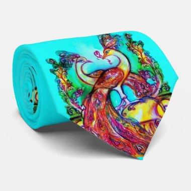 PEACOCKS IN LOVE Red Blue Turquoise Green Floral Neck Tie