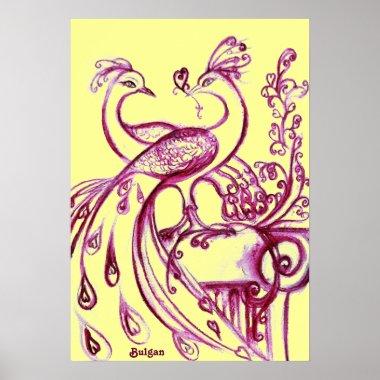 PEACOCKS IN LOVE, Red Purple and Yellow Poster