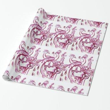 PEACOCKS IN LOVE ,Red Purple White Wrapping Paper