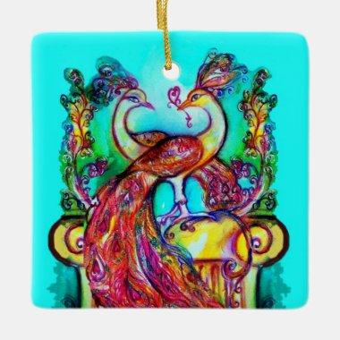 PEACOCKS IN LOVE /RED RUBY GEMSTONE,Blue turquoise Ceramic Ornament