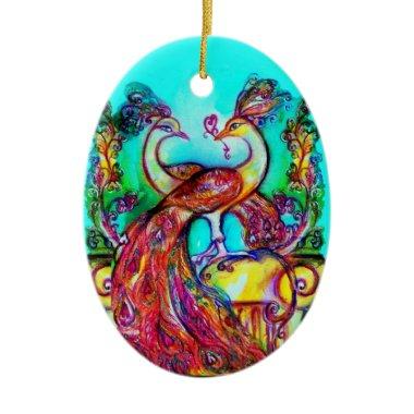 PEACOCKS IN LOVE /RED RUBY GEMSTONE,Blue turquoise Ceramic Ornament