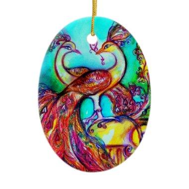 PEACOCKS IN LOVE /RED RUBY GEMSTONE,Blue turquoise Ceramic Ornament