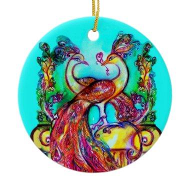 PEACOCKS IN LOVE /RED RUBY GEMSTONE,Blue turquoise Ceramic Ornament