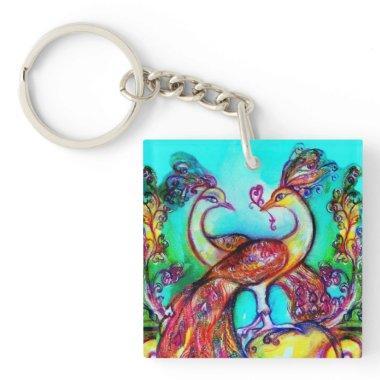 PEACOCKS IN LOVE red teal blue green Keychain