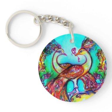 PEACOCKS IN LOVE red teal blue green Keychain