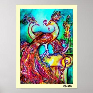PEACOCKS IN LOVE, Red Yellow Turquase Blue Poster