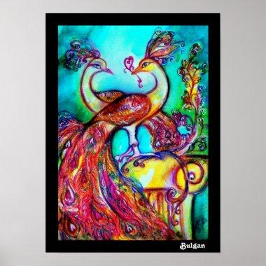 PEACOCKS IN LOVE, Red Yellow Turquoise Blue Poster