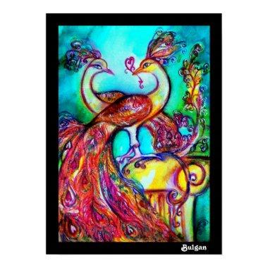 PEACOCKS IN LOVE, Red Yellow Turquoise Blue Poster