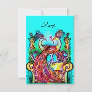 PEACOCKS IN LOVE RSVP,Red Aqua Blue Turquoise RSVP Card