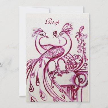 PEACOCKS IN LOVE RSVP, red burgundy pink gold Invitations