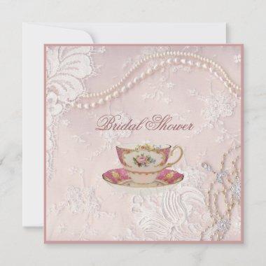 Pearl Blush pink lace bridal Tea Party Invitations