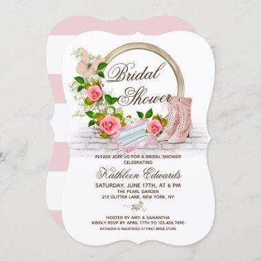 Pearl High Heels Pink Flowers Bridal Shower Invitations