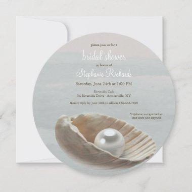 Pearl in Shell Round Bridal Shower Invitations