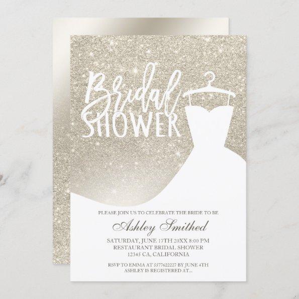 pearl ivory glitter ombre foil dress Bridal shower Invitations