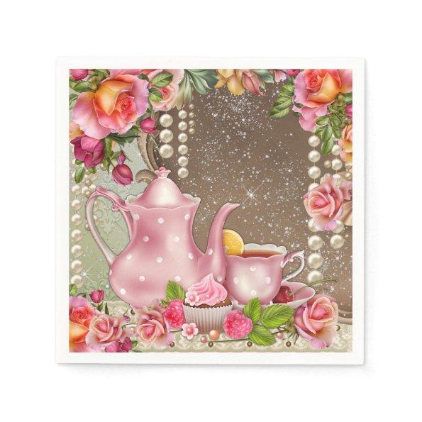 Pearl Rose Tea Party Bridal Shower Paper Napkins