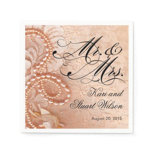 Pearls and Lace Mr. & Mrs. | peach Paper Napkins