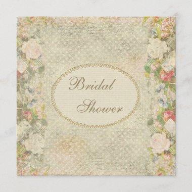 Pearls & Lace Shabby Chic Flowers Bridal Shower Invitations
