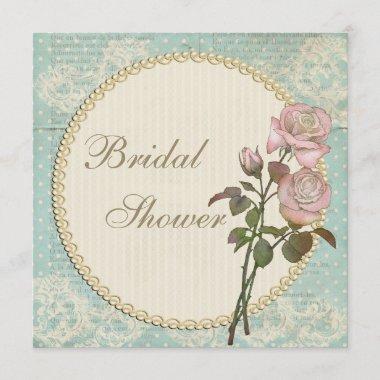Pearls & Lace Shabby Chic Roses Bridal Shower Invitations