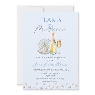 Pearls Prosecco Pearlcore Blue Bridal Shower Invitations