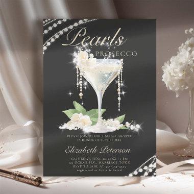 Pearls Prosecco Petals Black Elegant Bridal Shower Invitations