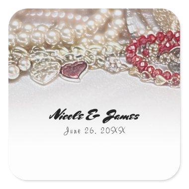 Pearls & Red Valentine Love Jewels Elegant Chic Square Sticker