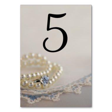 Pearls, Ring and Blue Lace Wedding Table Numbers