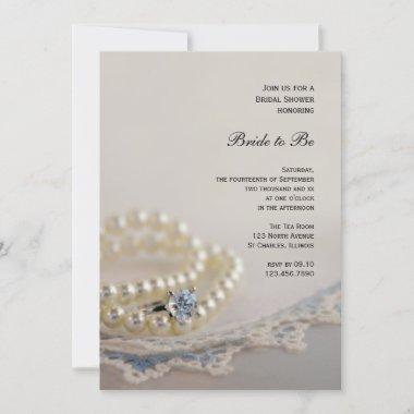 Pearls, Ring and Vintage Blue Lace Bridal Shower Invitations