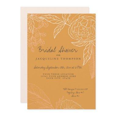 Pencil Line Art Harvest Gold Floral Peony Leaf