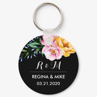 Peonies Flower Spring Wedding Monogram Keychain