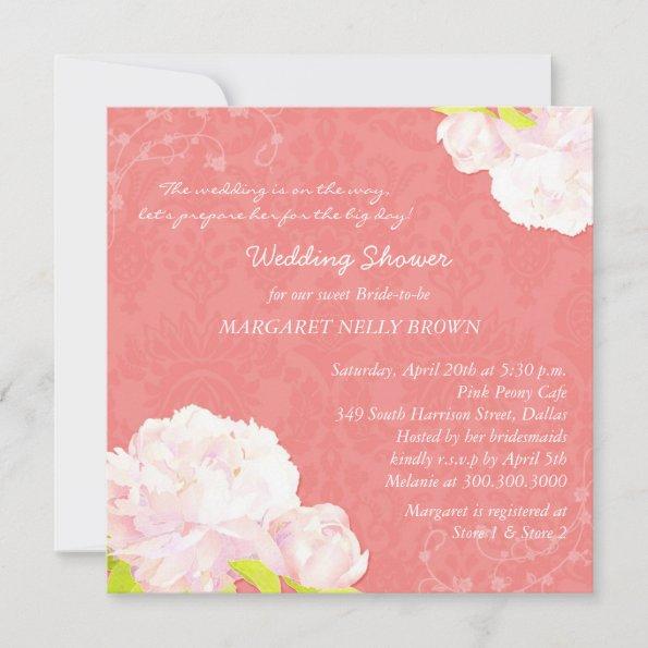 Peony Blooms Coral Bridal Shower Invitations