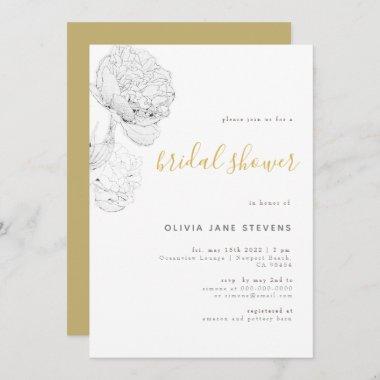 Peony BW Gold Elegant Floral Sketch Bridal Shower Invitations