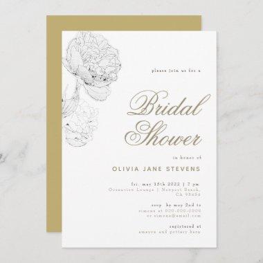 Peony BW Gold Elegant Script Floral Bridal Shower Invitations