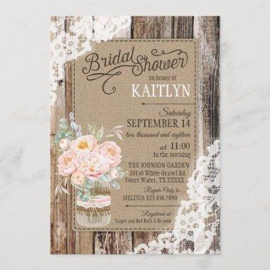 Peony Floral Wood Lace Rustic Bridal Shower Invitations