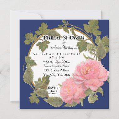 Peony Flower Wreath Bridal Shower Navy Striped Invitations