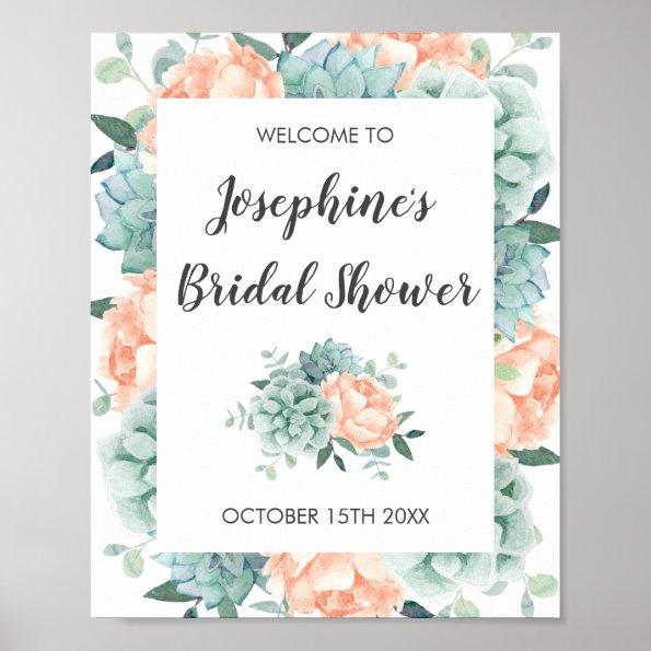 Peony Succulents Floral Watercolor Bridal Shower Poster