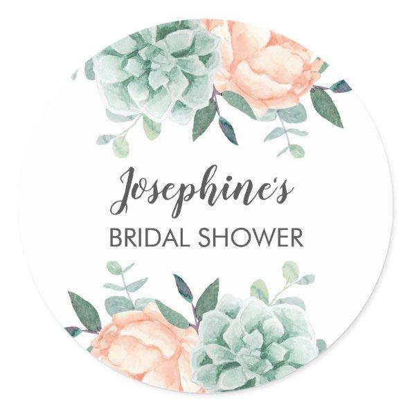 Peony & Succulents Watercolor Bridal Shower Classic Round Sticker