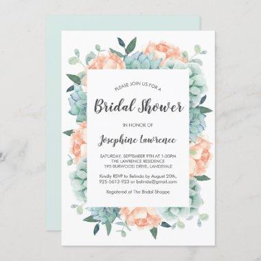 Peony & Succulents Watercolor Bridal Shower Invitations