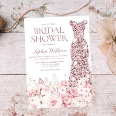 Perfect Blush Floral Rose Gold Dress Bridal Shower Invitations