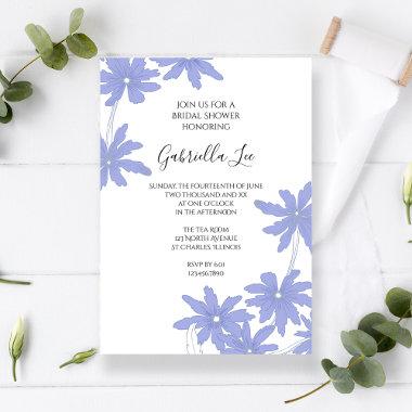 Periwinkle Blue Daisies on White Bridal Shower Invitations