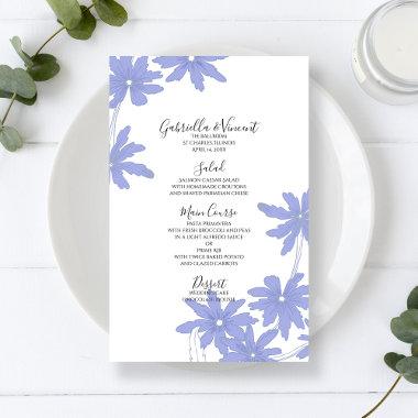 Periwinkle Blue Daisies on White Wedding Menu