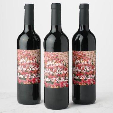 Personalize Bridal Shower Pink Tulip Flower Garden Wine Label