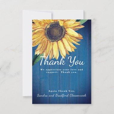 Personalize Custom Rustic Sunflower Barn Wood Navy Thank You Invitations
