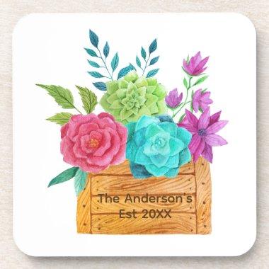 Personalize Floral Basket Pink Blue Green Flowers Beverage Coaster