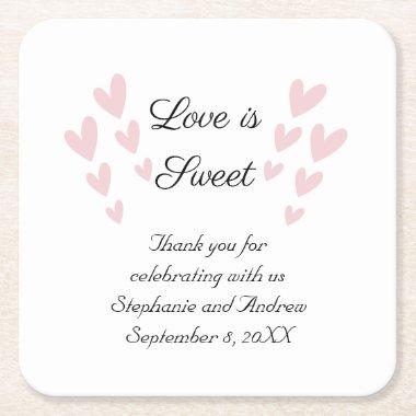 Personalize Pink Heart Love Is Sweet Wedding Square Paper Coaster