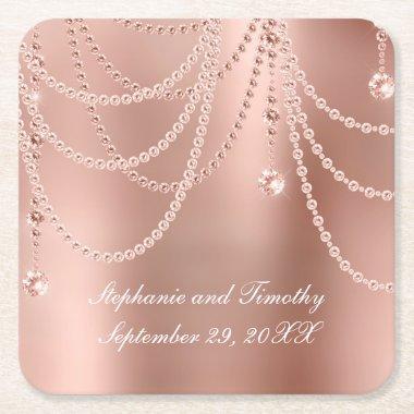 Personalize Rose Gold Pearls Diamond Bling Wedding Square Paper Coaster