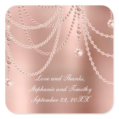 Personalize Rose Gold Pearls Diamond Bling Wedding Square Sticker